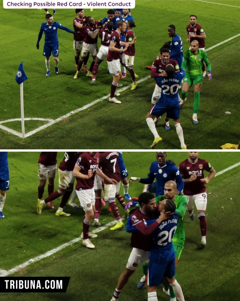 Shocking scenes between Chelsea and West Ham United in injury time as Jean-Clair Todibo was shown a straight red card for grabbing João Pedro by the neck - Photo Credit : Tribuna
